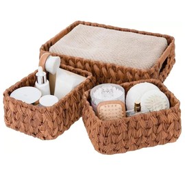 Set of 3 Wicker Storage Baskets, 1 Large & 2 Small Baskets, Home Decoration & Storage Solution, Modern Style Wicker Baskets, Top Counter Storage Holder, Woven Design, Perfect For Gift (Coffee)