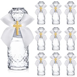 Chuangdi 10 Set Holy Catholic Water Bottles 50ml Christian Water Container Empty Catholic Glass Bottle with Cross Lapel Pin Ribbon Bow for Church Wedding Baptism Party Favor Communion Gift (Chic)