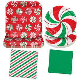 Peppermint Swirl Red & Green Christmas Candy Holiday Tableware - Variety Pack of Paper Dinner Plates, Dessert Plates, Lunch Napkins, and Beverage Napkins (32 Plates & Napkins)
