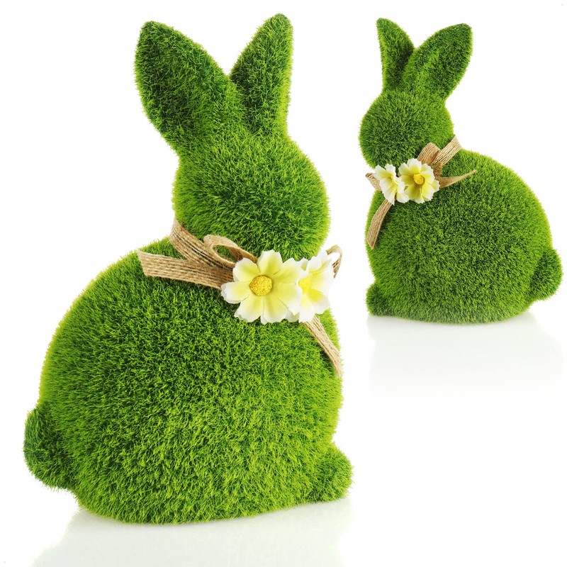 Com-Four® Decorative figures, green ceramic Easter figures, with moss like