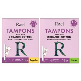 Rael Tampons, Cardboard Applicator with Organic Cotton, Multipack, Regular and Super Absorbency, Unscented, Upgraded Easy Grip, Biodegradable, Chlorine-Free (36 Count, Bundle)