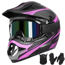 Yesmotor Youth Dirt Bike Helmet Quick Release Buckle - Dirt Bike Helmets for Kids 8-14, Youth ATV Helmet (Gloves Goggles Mask) 4Pcs Set - DOT Approved（Purple,M）