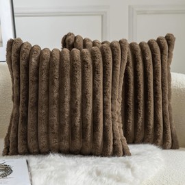 Mandioo Pack of 2 Decorative Cushion Covers 30cm x 50cm Faux Fur Striped Plush Soft Throw Pillow Covers Pillow Cases Bedroom Living Room Sofa Home 22x22 Inch Dark Brown