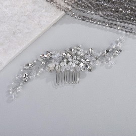 Wekicici Silver Wedding Hair Comb Pearl Bride Wedding Hair Comb Bridal Rhinestone Hair Piece Floral Hair Accessories for Women Flower Headband Headpiece (Silver)