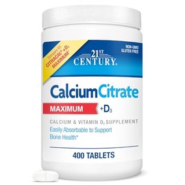 21st Century Calcium Citrate Plus D3 Maximum - 630 mg Calcium, Bone Health Support, Easily Absorbable, Gluten Free, Non-GMO, Compare to Citracal +D3, 