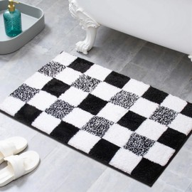 KOEXM Checkered Bathroom Rug 20" x 32", Machine Washable Non-Slip Black and White Checkered Shower Funky Rugs Water Absorbent Cute Bath Mats