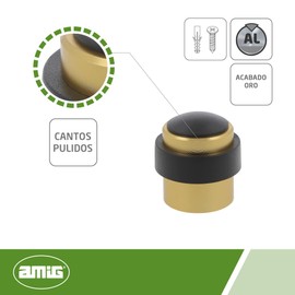 Amig - Door Stop | Foot Controlled | Easy Installation | Protects Furniture | Aluminium | Round Edge | Gold | Diameter 30 x 36 mm | Includes Screws + Wall Plugs