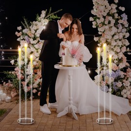 Havawish 6 Set Acrylic Candelabra Centerpieces 3 Arms with 18 LED Candles 42.5'' Floor Tall Candle Holders with Acrylic Shade Wedding Clear Table Candlesticks Stand Fit 0.8'' Candles for Party