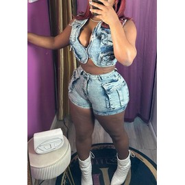 Kwunbwa Denim Outfits for Women's 2 Piece Sets Summer Party & Club Cargo Vest Top and Stretchy Jean Shorts Sets 2025