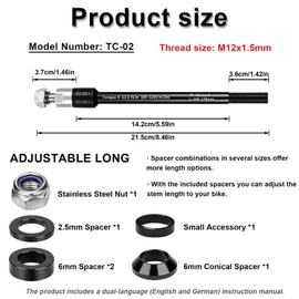 Thru Axle Bicycle Adapter M12 x 1.5, Thru Axle Adapter, Adjustable Shaft Length (160-178 mm), Alloy Steel, Thru Axle Compatible with Most Bicycle Trailer Couplings