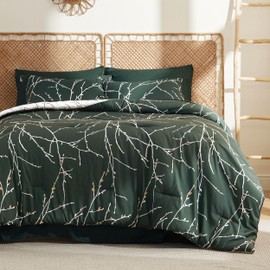 Bedsure Twin Comforter Set - 5 Pieces Floral Dark Green Bed Set, Tree Branch Pattern Printed Bed in a Bag Twin with Comforter, Sheets, Pillowcase & Sham