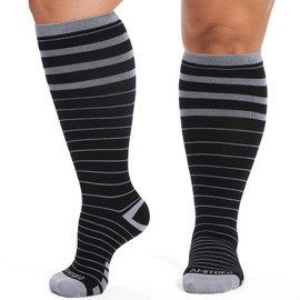 ZFSOCK Bamboo Compression Stockings Calf for Women: Plus Size Thick Support Stockings Men's Wide Calf Thrombosis Stockings Seamless 15-20 mmhg for Hiking Flight Travel Running 1 Pair, Black Striped