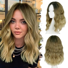 TressGlam Ombre Blonde Short Wavy Bob Wig for women Glueless Synthetic Shoulder Length Middle Part Lace Front Wig Pre Cut for Beginners Natural Hairline for Everyday Hairstyle 16 Inch