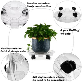 KvyusFlourish 4 Packs 11.8 Inches Large Clear Plant Caddy Plant Saucers on Wheels Rolling Plant Stands Heavy-duty Plant Dolly Plastic Planter Roller Base Pot Movers Outdoor Plant Tray Coaster