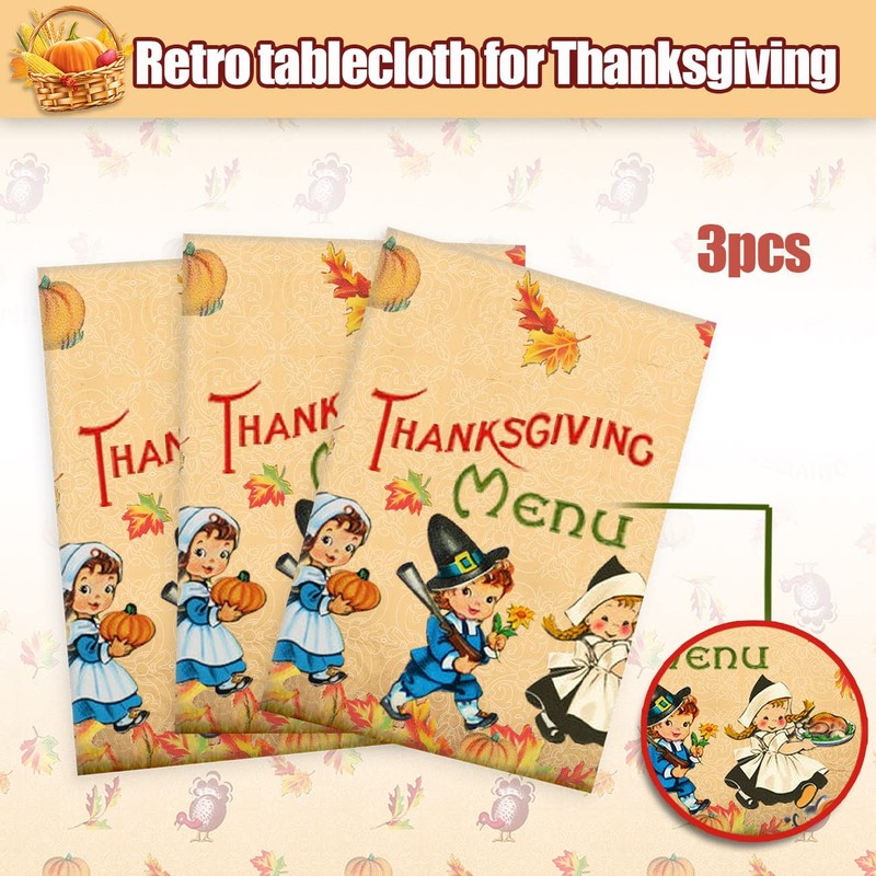 3 PCS Thanksgiving Fall Tablecloth Vintage Autumn Pumpkin Maple Leaves
