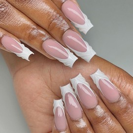 French Tip Press on Nails Medium Coffin Fake Nails with 3D Wave Designs White Nail Tips Square Acrylic Nails Full Cover Glue on Nails Nutare Stick on Nails for Manicure 24Pcs