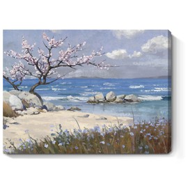 amatop Coastal Wall Art Small Bathroom Bedroom Kitchen Decor, Serene Pink Blossom Floral Tree Shore Calm Sea Beach Landscape Canvas Print Blue Ocean Scenery Abstract Nature Artwork for Walls 16x12 In