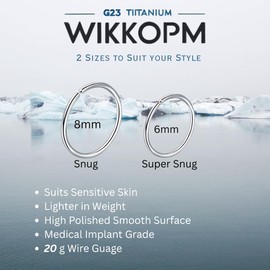 WIIKKOPM Titanium Silver Nose hoops Ring Set, 20G, 6mm and 8mm, Hypoallergenic, 2-Pack, Silver, Slin Friendly for Nose lip Tragus Septum