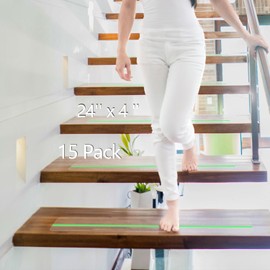 Q-Hillstar 15 Pcs Clear Non Slip Stair Treads with Glow in the Dark Strip, Waterproof High Traction Friction Grip Tape Adhesive Non Skid Strip for Steps Stairscase& Deck, Improve Indoor&Outdoor Safety