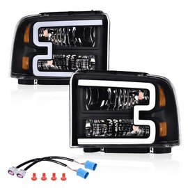 LED DRL Headlight Assembly w/Harness Compatible with Ford F250 F350 F450 F550 Super Duty 2005-2007, Fit Ford Excursion 2005, Front Headlamp, Clear Lens Black Housing Amber Reflector