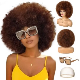 WOKNOW Colored Afro Wigs for Women Men 70s and Disco Sunglasses Set, Funny Wig with Curly Bouncy Huge Fluffy Puff and Oversize Retro Rhinestone Sunglasses - for Costume Cosplay Party (Brown)