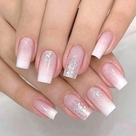 Coffin Press on Nails Short Fake Nails with Glitter Sequins Design Glue on Nails Press ons White Gradient Light Purple False Nails Glossy Artificial Stick on Nails for Women 24Pcs