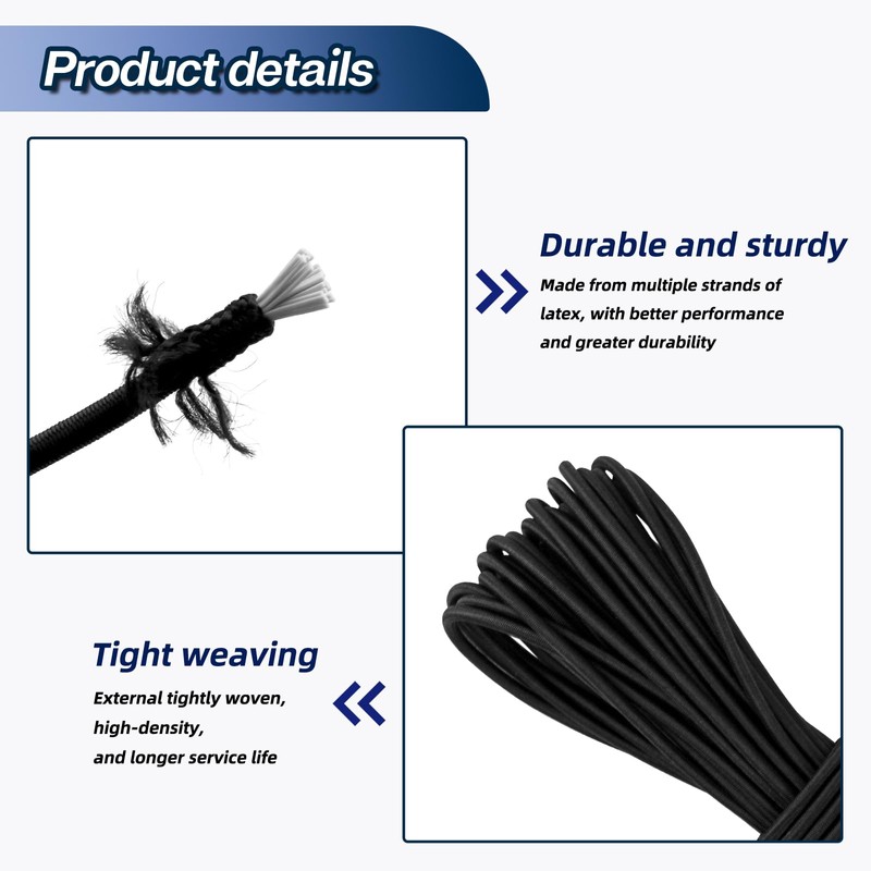 15M Black Elastic Cord,4mm Elastic String Bungee Cord Elastic Round