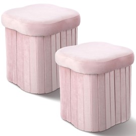 Qinyoung 2 Pcs Storage Ottoman Flower Shaped Foot Stools Foldable Velvet Storage Box Footrest Small Ottoman Seat with Folding Vanity Stool for Dorm Home 12. 6 x 12. 6 x 12. 6 Inch(Pink)