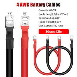 Linkstyle 6PCS 4 AWG Battery Cables, 30CM/12inch Marine Battery Inverter Cables Set, with 3/8" Tinned Copper Lugs, for Automotive Solar, ATV, RV