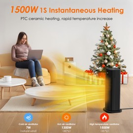 Space Heater - 1500W PTC Ceramic Tower Heaters for Indoor Use with Adjustable Thermostat, Timer and Remote Control, Quick 1s Heat-up 70° Oscillation Electric Heater for Office, Bedroom, Room, Home