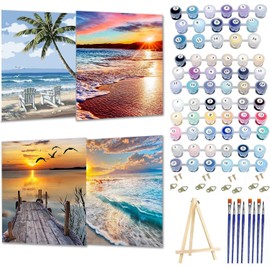 WUDWL Paint by Numbers Kit for Adults Framed Canvas, 4 Pack with Wooden Easel,Paint by Numbers for Kids Ages 8-12, Beach DIY Acrylic Landscape Oil Painting Arts Crafts, 9.45x11.8inch