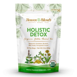 Heaven Blends Organic Holistic Detox Tea – holistic cleanse blend featuring Spearmint, Dandelion, Burdock, Milk Thistle Seed, Fenugreek & Yellowdock Root – sugar free, caffeine free, and gluten free. 30 Sachets