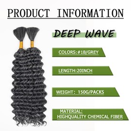 Deep Wave Bulk hair for Braiding Wet and Wavy Micro Braiding Hair No Weft Faux Deep Wave Braiding Hair Extensions for Box Boho Braids 150g with 2Bundles（ #1B/Grey 20Inch)