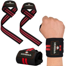 VSL Weight Lifting Wrist Wraps with Padded Gym Straps Elasticated Wrist Support Bandage for Bodybuilding Deadlifts Weightlifting Powerlifting, CrossFit Strength Training Fitness Workout (Red/Black)