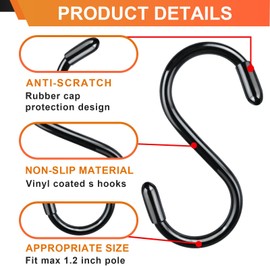 HiGift 3 Inch S Hooks for Hanging Heavy Duty - 12 Pack Vinyl Coated S Shaped Hooks, Black Non-Slip Rubber Metal Hooks for Closet Rod, Jeans, Plants, Pots, Pans, Bags, Towels, Cups, Purses