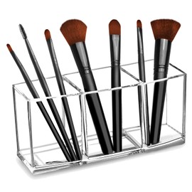 CACASO Clear Makeup Brush Organizer, Premium Acrylic Makeup Brush Holder Organizer 3 Compartments, Makeup Brush Display Holder Cosmetic Storage