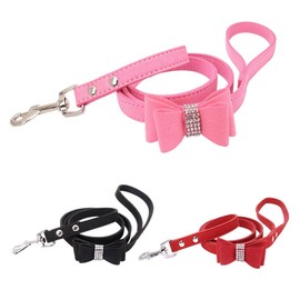 Dog Collar + Leash Set for Small Pet Dog Cat Puppy Collar Rhinestone Cute Dazzling Sparkling Soft Velvet Leather Black L