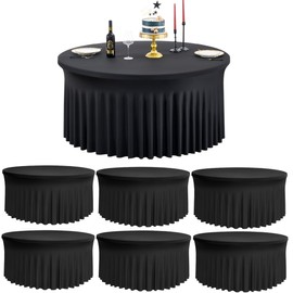 6 Pack Black Round Spandex Tablecloth for 72inch Table,132inch Stretchy Fitted 6FT Round Table Cloths for Round Tables,Wrinkle Free Round Table Cloths with Skirt for Wedding Vendor Graduation Banquet