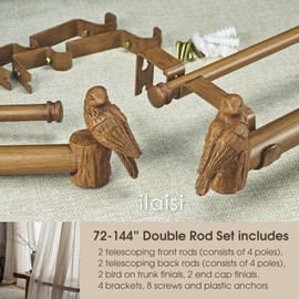 ILAISIHOME 1-1/8 Inch Diameter Faux Wood Curtain Rod with Bird Design Finials, 72-144'' Telescoping Double Curtain Rods for window width 68-140 inch, 1 pack
