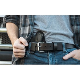 Nohma Leather - 1 1/2" LEATHER CCW Concealed Carry Gun Belt - Heavy Duty Work Belt 14 oz. Full Grain Leather (Black, 38" (Size 34 Pants-Check sizing guide))