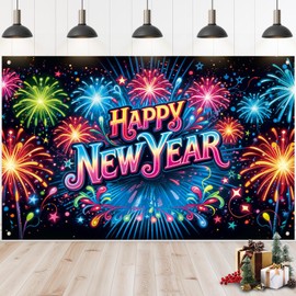 Froova Happy New Year Banner 2026 Colorful New Years Eve Decorations Banners Backdrop with Pattern Firework Star Cheers Banners for Home Yard Indoor Outdoor Wall Door Hanger Nye Party Supplies Decor