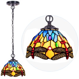 Small Tiffany Pendant Light 8 inch Tiffany Style Stained Glass Pendant Hanging Lamp Small Vintage Hanging Light Fixtures for Home Living Room Restaurant Hallway (Yellow Dragonfly Style)