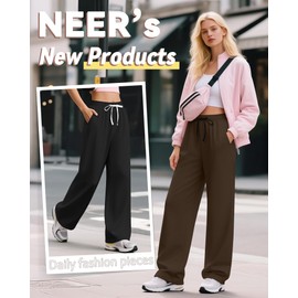 Neer 3 Pack Women's Wide Leg Sweatpants Drawstring Straight Leg Yoga Lounge Pants Baggy Loose Workout Open Bottom Pants(Black, Brown, Khaki,Large)