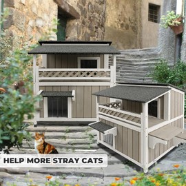 Gowoodhut 31.5" H Outdoor Cat House Wooden Outside Feral Cat Shelter Two Story Cat Houses for Outdoor Cats,Weatherproof Shelter for 1-2 Cats with Balcony Pull Out Floor 3 Escape Doors Waterproof Roof