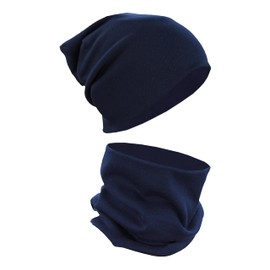 Alkato Unisex Beanie Hat and Scarf Set Plain, darkblue