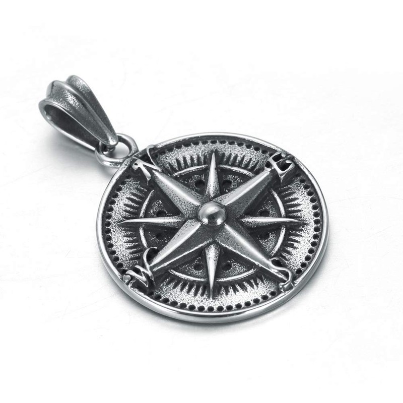 PAURO Men's Stainless Steel Vintage Round Compass Pendant Punk Necklace