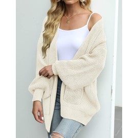 MEROKEETY Women's Fall Open Front Long Lantern Sleeve Cardigan Oversized Chunky Outwear with Pocket Beige