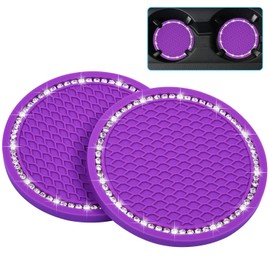 Bling Car Coasters, Wisdompro 2 Pack PVC Car Cup Holder Insert Coaster - Anti Slip Universal Vehicle Interior Accessories Crystal Glitter Cup Mats for Women and Men (2.75" Diameter, Purple)