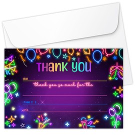 Zodvery Glow Neon Birthday Thank You Notes for Boys Girls, Kids Fill in the Blank Thank You Cards, Birthday Party Favors Supplies, 20 Cards with Envelopes set/D07
