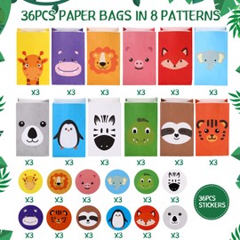 36 Pcs Animal Party Favor Gift Bags, Goodie Bags for Kids Birthday Zoo Party Paper Bags Treat Bag with Stickers for Animal Party Favors Baby Shower Decorations, 8.66 x 5.12 x 3.15 Inches